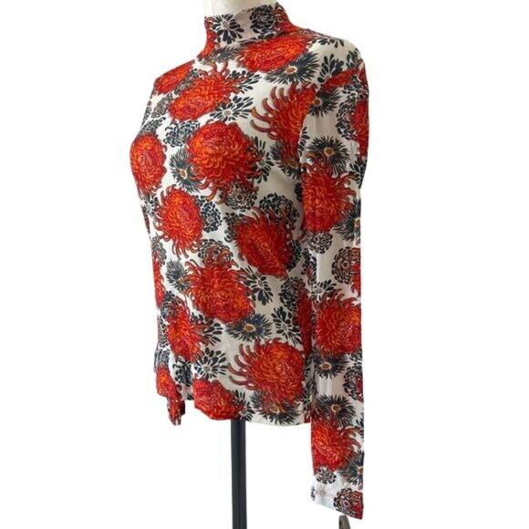 Vivienne Tam Chrysanthemum Top Faux Turtleneck Cream Red Floral Nylon Shirt Sz 6 - Picture 5 of 12